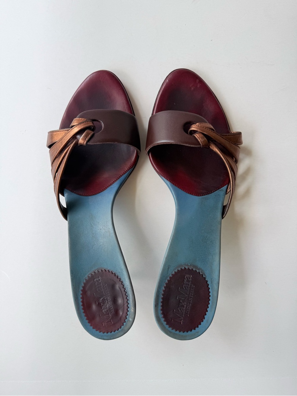Vintage MaxMara Metallic Copper Burgundy Red Blue Leather Low Heeled Sandals 38 - Picture 8 of 12